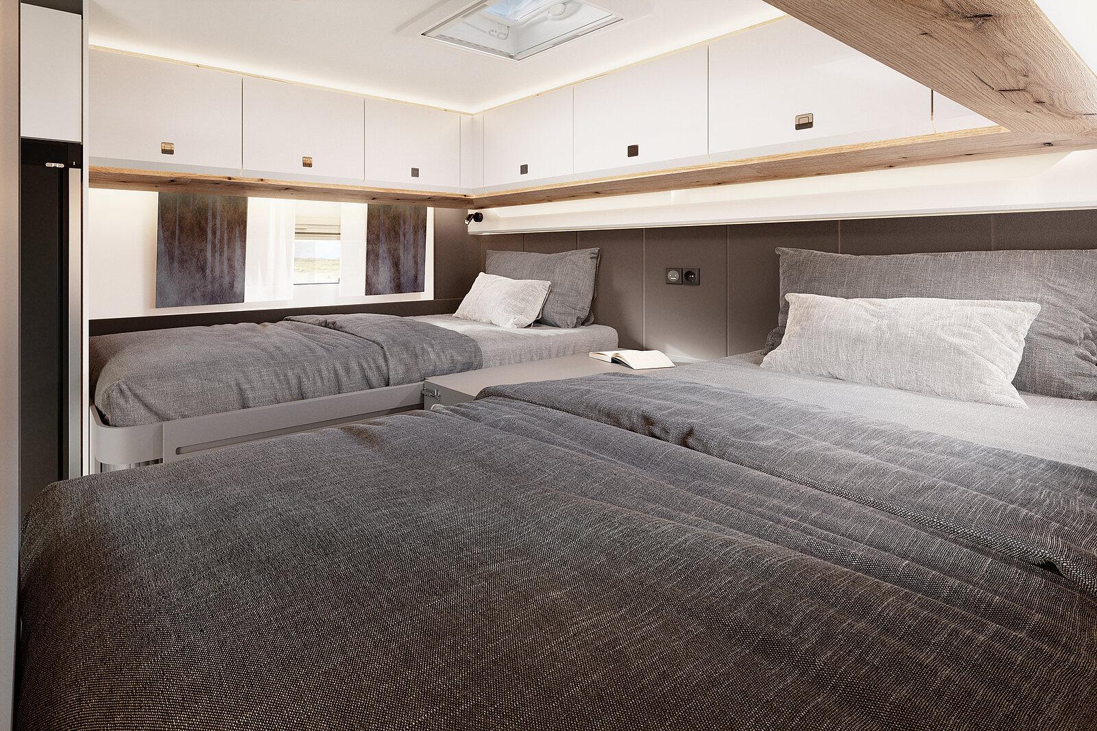 Les lits séparés, posés sur un confortable sommier à lattes Goodside, affichent des dimensions de 202 x 84 cm d'un côté, 190 x 84 cm de l'autre.