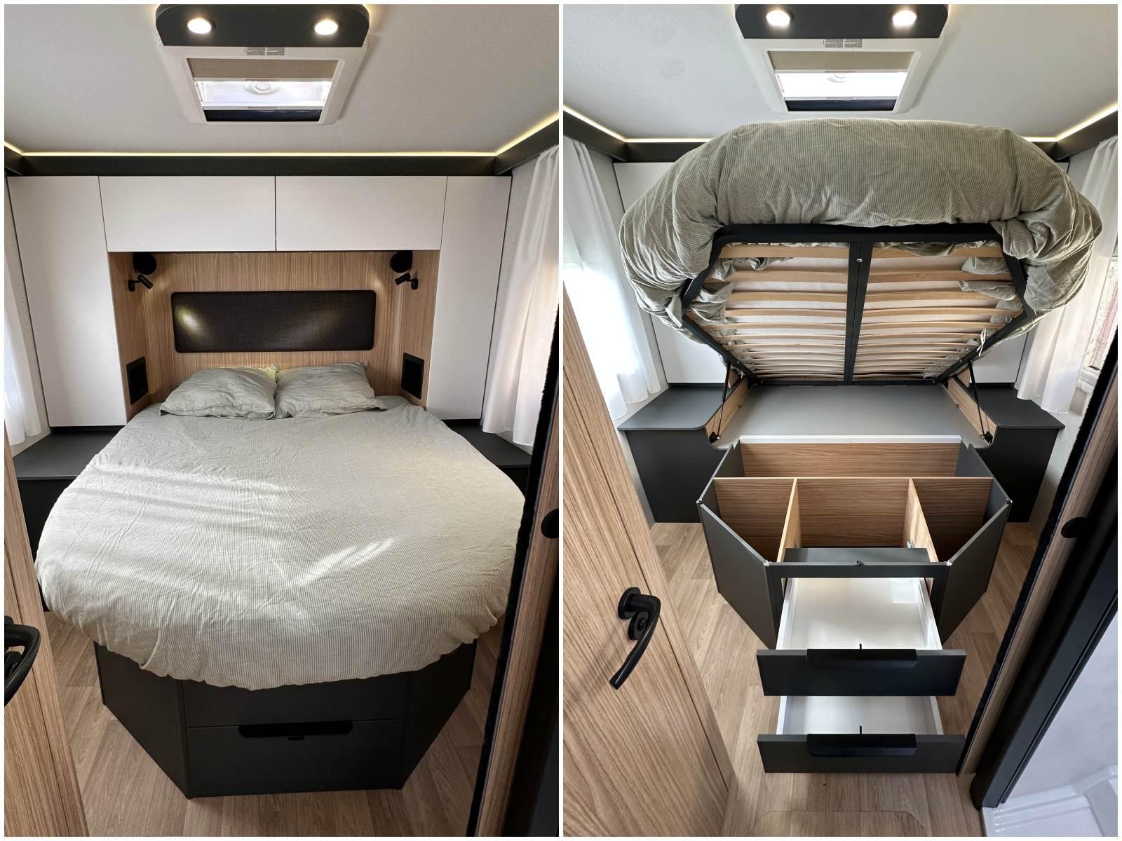 La chambre tout confort avec son lit central sur sommier à lattes (190 x 150 cm) qui héberge de nombreux rangements. Le plus de la marque Pilote : le matelas est équipé de draps-housses sur mesure, parfaitement ajustés.