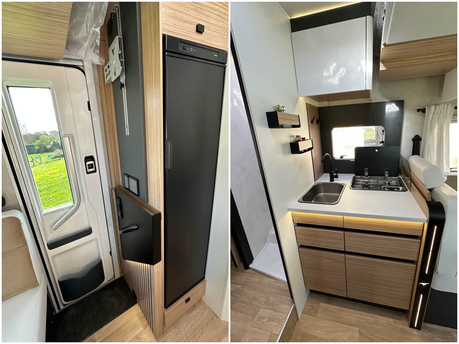 La cuisine bien équipée, avec porte-épices, robinetterie domestique, réchaud au gaz, évier, rangements et, côté opposé, le frigo de 142 L.