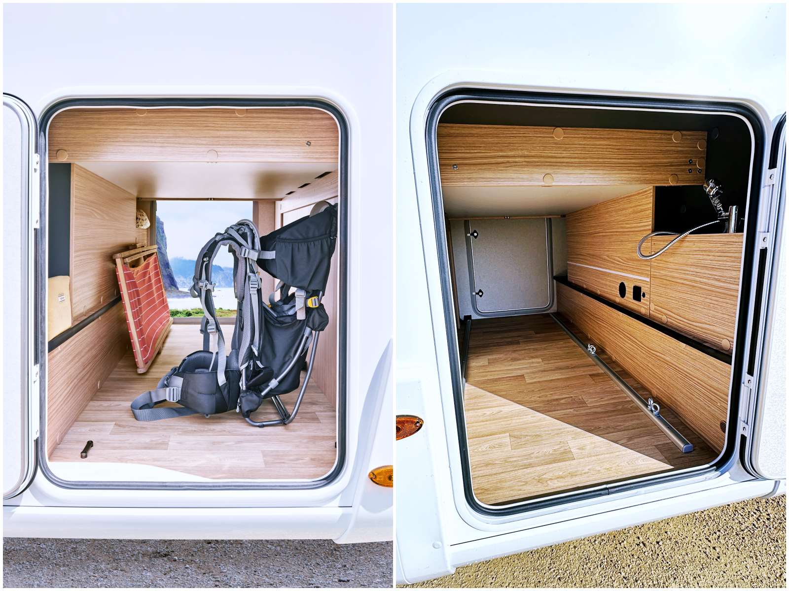 La soute est accessible par deux portillons, elle est éclairée et équipée d'un rail d’arrimage, d'une prise 230 V et d'une douchette avec eau chaude.