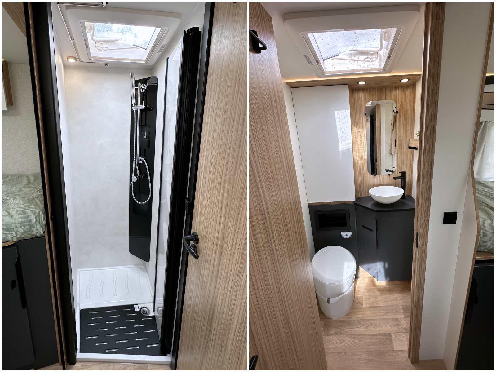 La douche et le cabinet de toilette séparés, composent une salle de bains traversante.