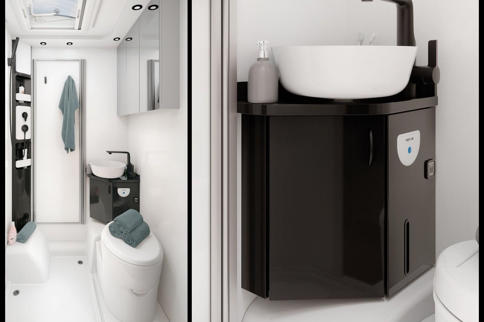 Classique, la salle d'eau réunit dans un même compartiment la douche d'un côté et le WC et le meuble à vasque de l'autre. Une porte rigide permet de scinder l'espace entre zones humide et sèche.