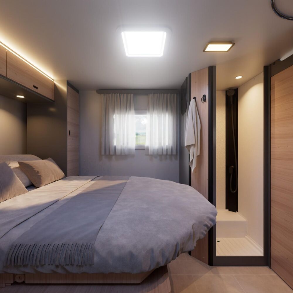 RIMOR K-Line 69 Plus - La chambre dispose d'une porte de séparation avec la zone de vie.